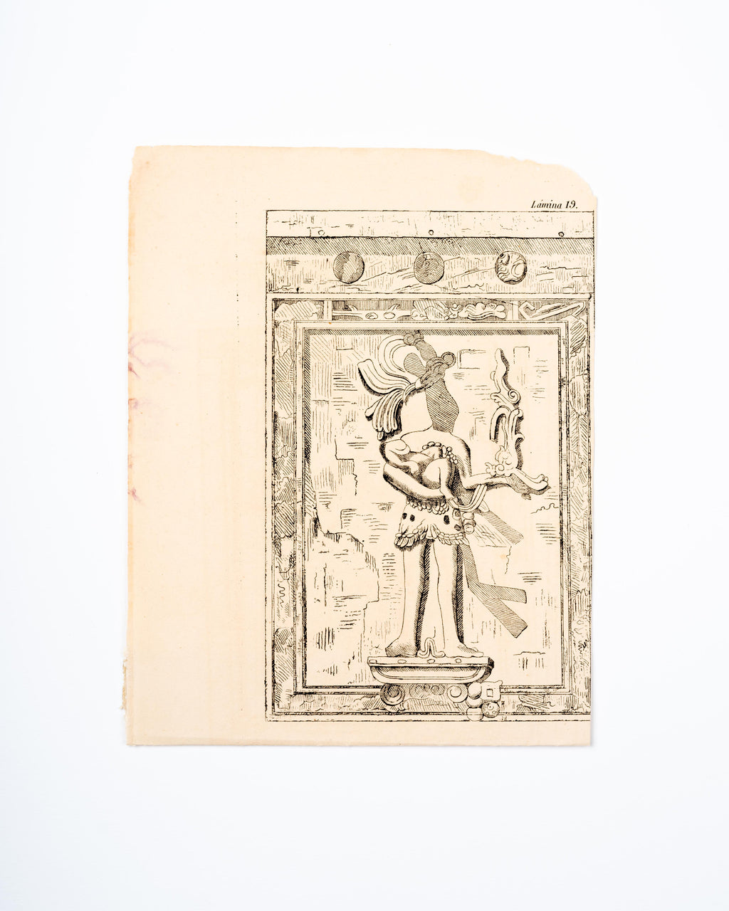 Illustration from archeological text depicting Mayan bas-relief panel