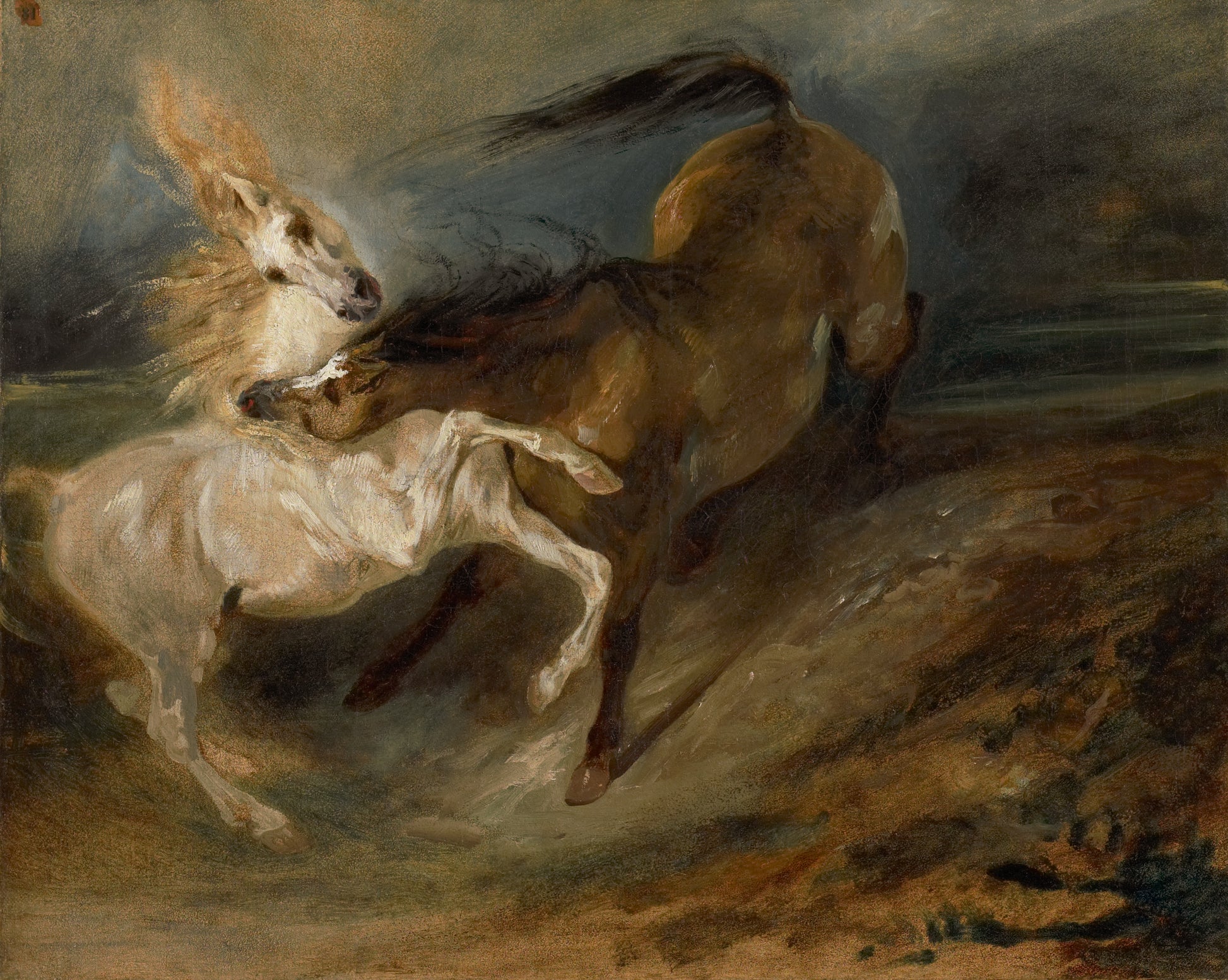 Two Horses Fighting in a Stormy Landscape