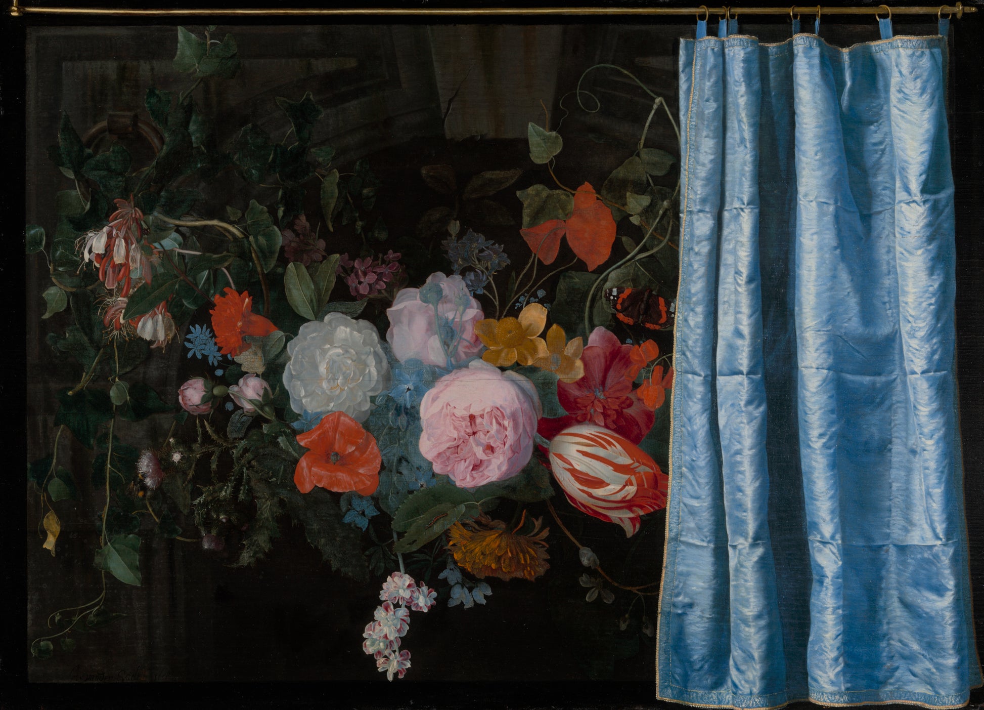 Trompe-l’Oeil Still Life with a Flower Garland and a Curtain